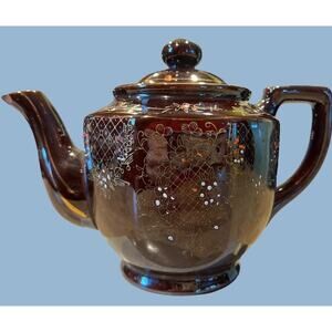Vtg Hand Painted Japan Ceramic Tea Pot FLAW Brown Orange Retro Granny Decor Art